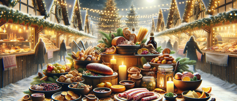 Stoiska z dolnośląskimi przysmakami na świątecznym jarmarku w Wrocławiu, oferujące regionalne potrawy i specjały kulinarne.